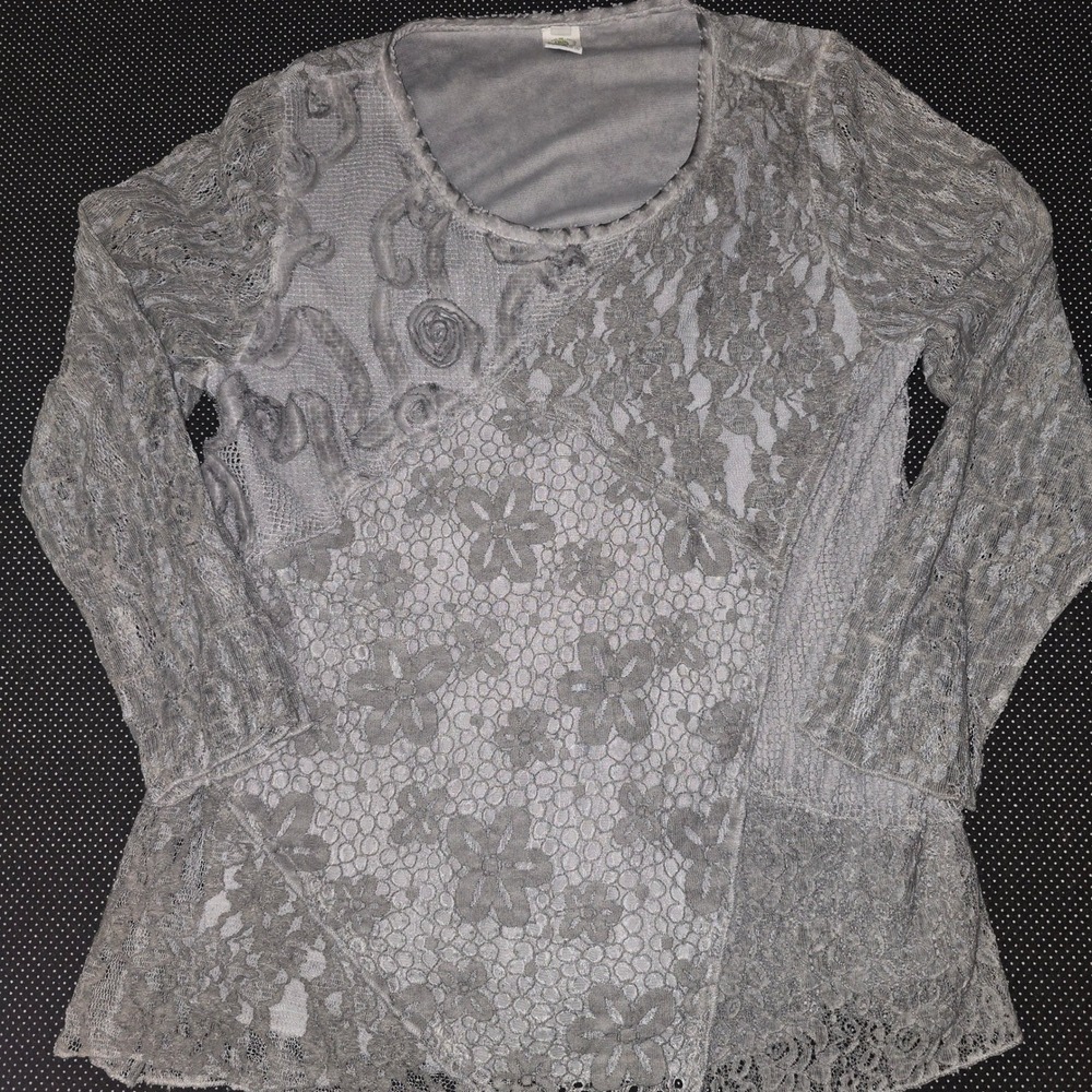 Gray Patchwork Lace Top Womens L Boho Fairy‎ Grunge Textured Layering